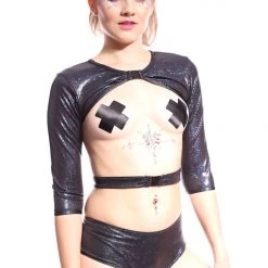 THE LUMi SHOP Obsidian Galaxy Buckle Up Sleeve Crop Top