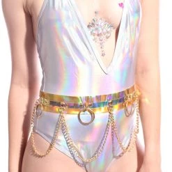 THE LUMi SHOP Techno Babe Hoop Chain Belt In Gold Hologram Belts