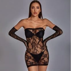 THE LUMI SHOP Black Rose Sexy Dress & Gloves Set