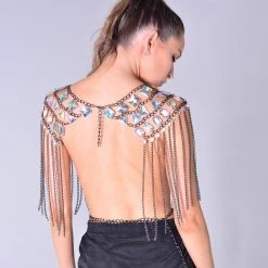 THE LUMi SHOP Rhinestone Black Chain Top Tops