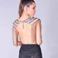 THE LUMi SHOP Rhinestone Black Chain Top Tops