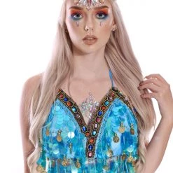THE LUMi SHOP River Blue Coin Sequin Halter Top Sequin Tops