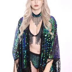 Lumishopusa Disco Sequin Tassel Kimono - Emerald Marina Signature Sequin Kimonos
