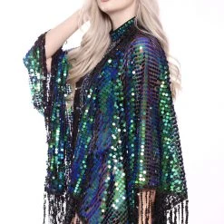 Lumishopusa Disco Sequin Tassel Kimono - Emerald Marina Signature Sequin Kimonos